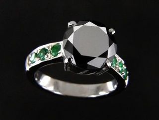   Ct Round cut black diamond with Emerald gemstone Certified silver ring