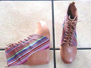 JEFFREY CAMPBELL REVOLVER MULTI COLORED TAPESTRY/LEATHER LACE UP WEDGE 