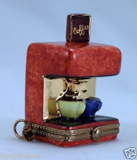 NEW FRENCH LIMOGES BOX DETAILED ESPRESSO COFFEE MAKER W/ 2 CUPS & BOX 