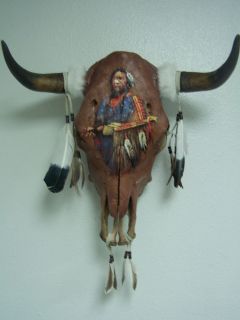 HAND PAINTED REAL COW SKULL,ETHNIC CHIEF,PEACE PIPE,WAR PAINT,SOUTHWES 