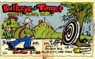   CB radio QSL postcard lumberjack axe thrower comic 1970s Falls City OR