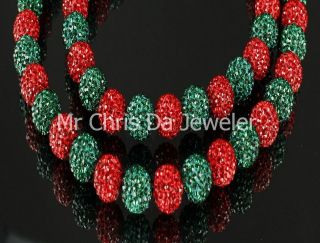 MENS FULLY ICED OUT HOT RED GREEN BEAD BALL NECKLACE CHAIN ICED OUT 