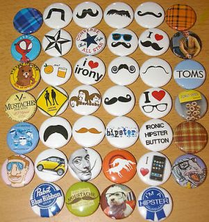 40 1 HIPSTER FLAIR pins buttons pinback mustaches irony unicorns pbr 