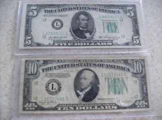 authentic 1934 ten dollar and 1950 five dollar bill scarce rare notes