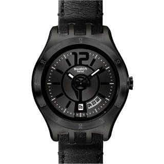 Swatch Mens Irony YTB400 Black Leather Quartz Watch with Black Dial 