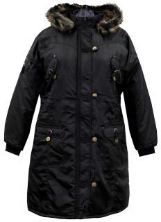   Plus Size Waterproof Black Parka Coat With Brown & Black Fur Hood #721
