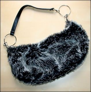   girls faux fur black & silver fuzzy purse O zipper shoulder bag