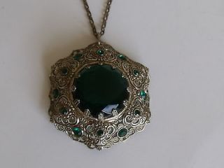 Pendant Necklace Emerald Green Rhinestone Faceted Glass Stone Filigree 