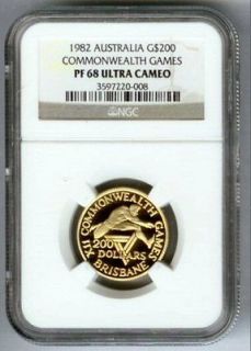 1982 GOLD AUSTRALIA $200 COMMONWEALTH GAMES NGC PROOF 68 ULTRA CAMEO