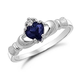 Sterling Silver Blue Sapphire Heart CZ Claddagh Ring Sizes 