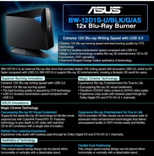Asus BW 12D1S U/BLK/G/AS 12x Blu Ray Burner   BD R 12x, BD R(DL) 8x 