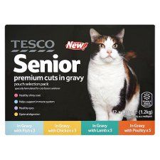 Tesco Senior Cat Premium Cuts In Gravy Pouch Selection Pack 12X100g 