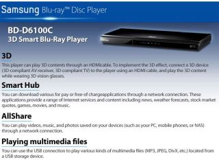 Samsung BD D6100 3D Smart Blu Ray Player   1080p, HDMI, Built in WiFi 