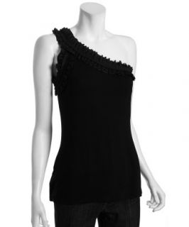 BCBGMAXAZRIA black jersey knit one shoulder ruffle top   up to 