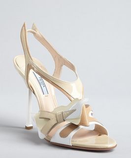 Prada tan and white patent leather cutout sling back sandals