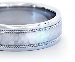 Hammered Milgrain Comfort Fit Wedding Ring in Platinum (6mm)  Blue 