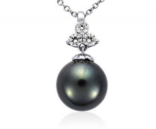 Tahitian Cultured Pearl and Diamond Pendant in 18k White Gold  Blue 