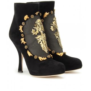 Dolce & Gabbana   SUEDE ANKLE BOOTS WITH METALLIC EMBROIDERED CUT OUT 