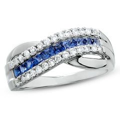 Princess Cut Sapphire Criss Cross Ring in 14K White Gold with Diamond 