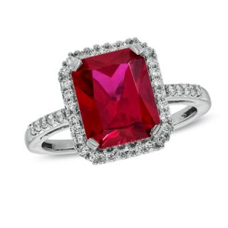 Emerald Cut Lab Created Ruby and White Sapphire Ring in Sterling 