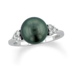 Cultured Tahitian Pearl Ring with Diamond Accents in 14K White Gold 