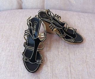   Leather BLACK SUEDE GOLD PIPING WEDGE SANDAL Open Toe Platform Shoe 39