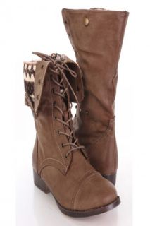 Taupe Faux Leather Lace Up Tie Front Foldover Flat Boots @ Amiclubwear 