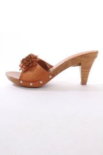 Chestnut Faux Leather Floral Slip On Wooden Clog Heels @ Amiclubwear 