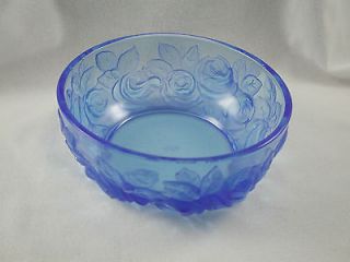   Glass 5 ROSE BOWL *Double Signed* Directorie Blue with Etched Roses