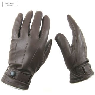 LUXURY MENS BROWN REAL LEATHER GLOVES WITH STUD CLASP & FLEECE LINING