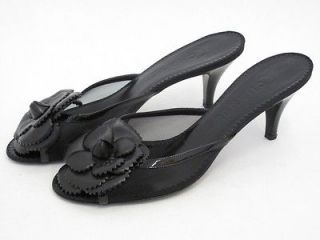 Chanel Black Mesh w Leather Camellia Slip On Heels 39.5