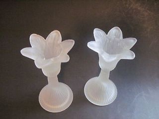   PAIR OF TAPERED FLOWER / TULIP FROSTED GLASS CANDLE HOLDERS