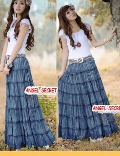 L120 BLUE CREPE TIERED BELTED LARGE CIRCLE PLEATED LONG DENIM SKIRT 