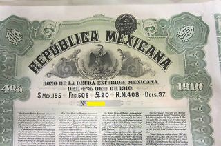 MEXICO Republica Mexicana 4% Gold Bond 1910 US$97 £20 + uncanceled 