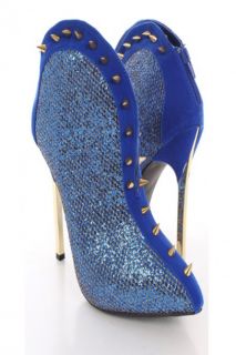 Home / Blue Glitter Faux Suede Spike Studded Trim Booties