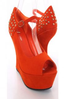 Orange Faux Suede Spike Studded Peep Toe Curved Wedges @ Amiclubwear 