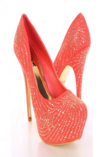Coral Gold Faux Suede Faceted Beaded Platform Heels @ Amiclubwear Heel 