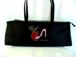 Nicole Miller Small Black Satin Evening Bag Handbag Embroidered Signed