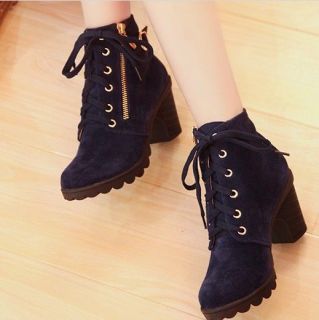 Womens Retro Buckle Heel Platform Shoes Lace Up Warm Martin Boots 