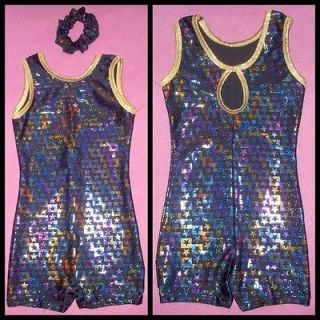 BIKETARD GYMNASTICS girls child X large GOLD black foil STARS 12/14 