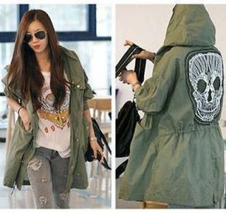 New Lady Military Parka Button Trench Skull Back Hooded Jacket Coat