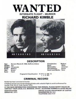  Fugitive, Real Prop Wanted Poster, Harrison Ford, Very Neat Item, Rare