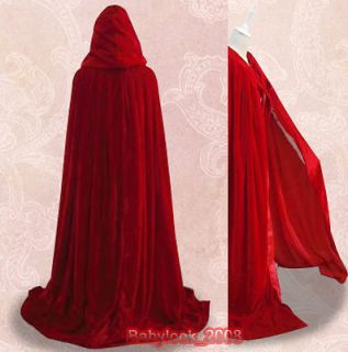 New Velvet Red Hooded Cloak Cape Halloween Wedding Wicca SCA Stock 