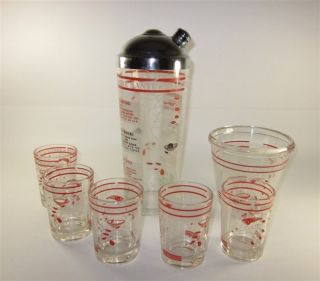 Vintage Hazel Atlas Cocktail Painted Nails Shaker w/ 5 Glasses and Ice 