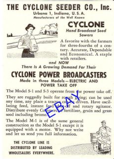 1953 CYCLONE HAND & POWER BROADCAST SEEDER AD URBANA IN