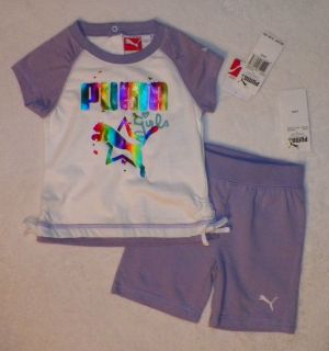 NWT 18 24 24 M PUMA Girls S/S Foil Rainbow Top & Purple Bike Shorts 