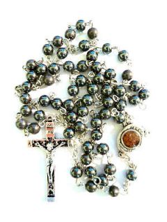 Mens Guy Black Hematite Rosary Beads Jewelry JERUSALEM Cross Necklace 