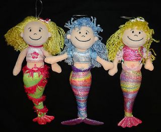 JellyCat Lot of 3 MERMAID Plush Bean Rag Dolls 13 Pink Blue Yarn Hair 