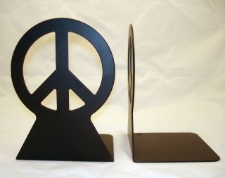 New Mat Black Metal Peace Bookends Book Ends Pair Set of 2 7