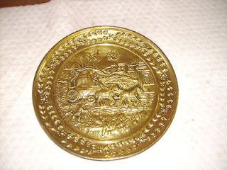 Vintage Brass Plate Wall Hanging Horse & Carriage Scene Raised Pattern 